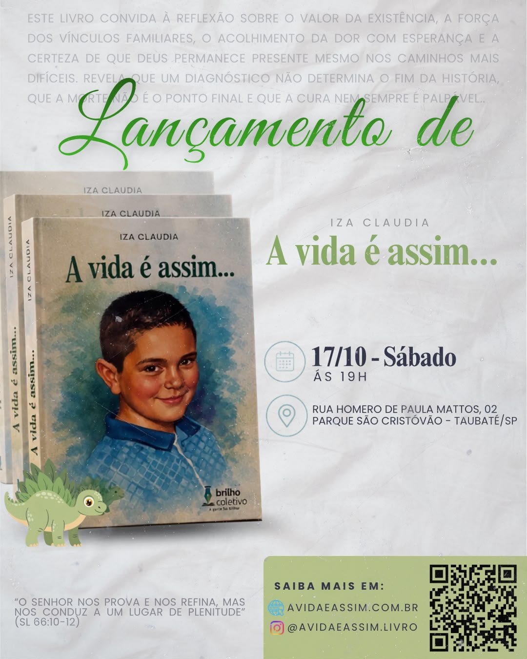 Convite do lançamento do livro A vida é assim: sábado, 17/10/2026, 19h, Taubaté (SP)